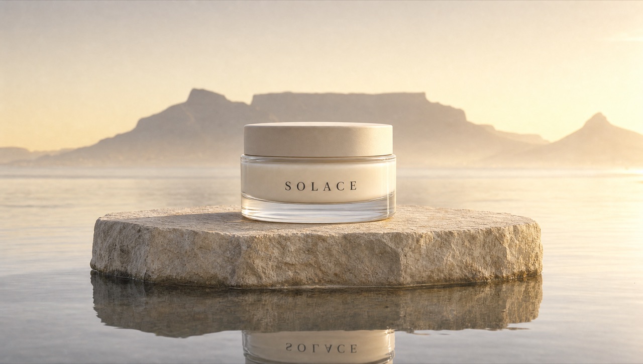 Approved keyframe: the Solace jar on a stone plinth in still water, Table Mountain in golden haze