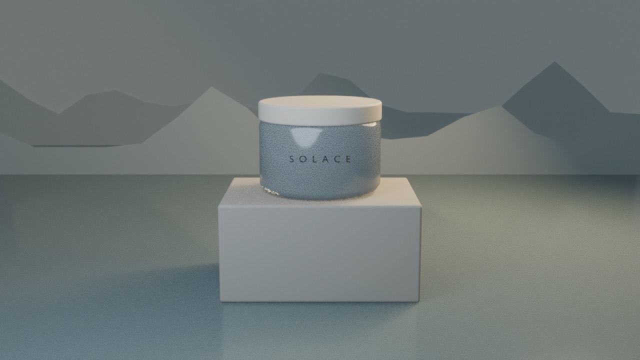 Grey 3D previs render of a skincare jar on a block with simple mountains behind