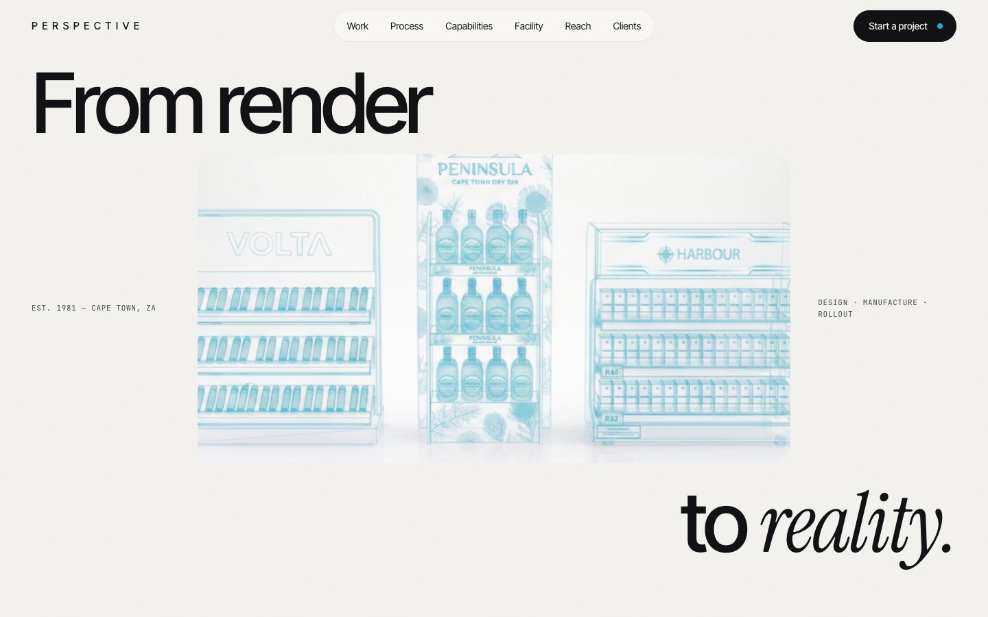 Perspective website: 'From render to reality' headline over display renders