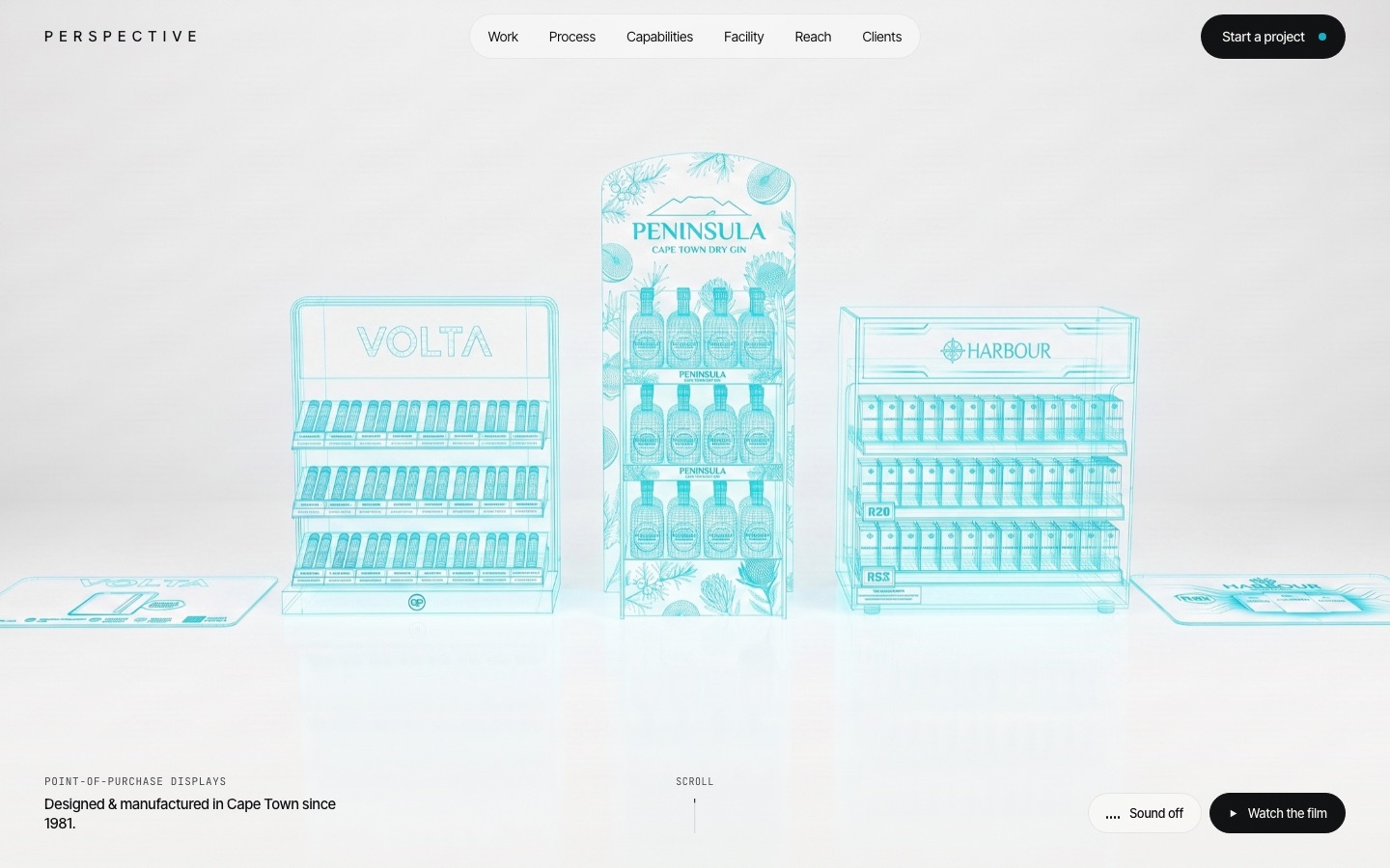 Perspective website home page: wireframe point-of-purchase displays over a pale studio backdrop